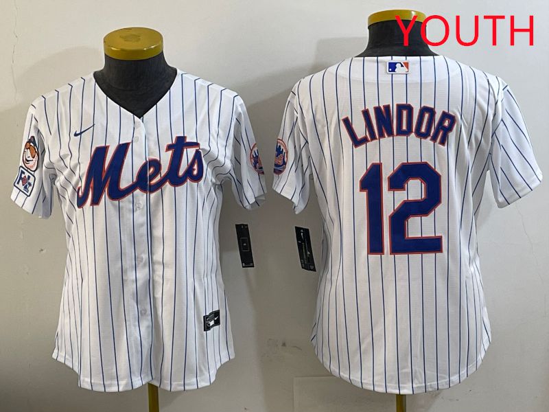 Youth New York Mets #12 Lindor White Stirpe Game Fashion 2025 Nike MLB Jersey style 1